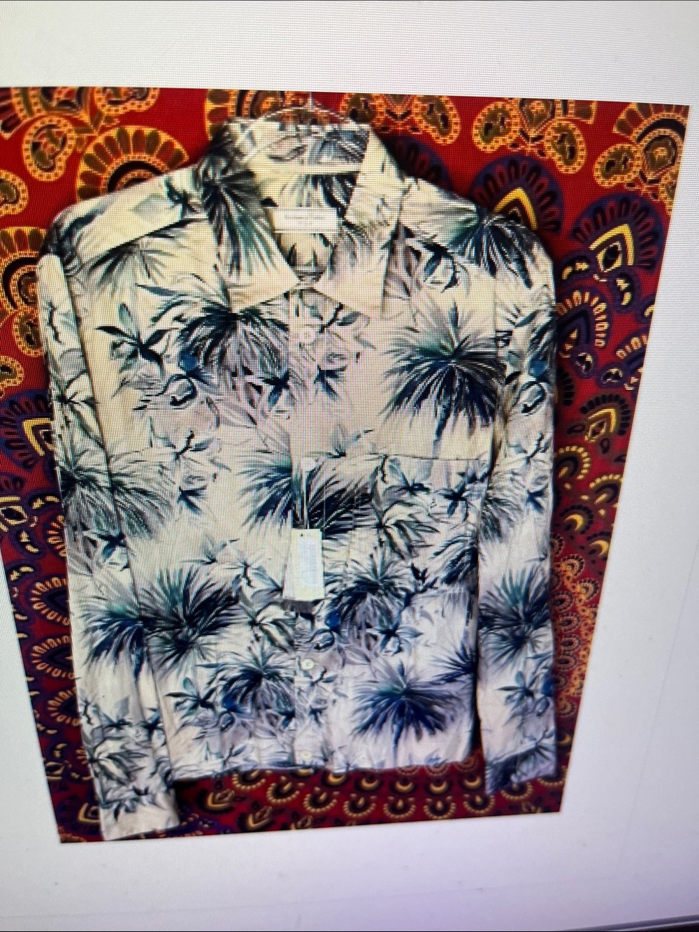L.L. Bean White Button-Down Shirt with Green Palm Print